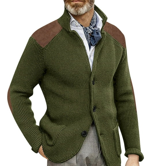 dGslk Men’s Shawl Collar Button Down Knit Cardigan Sweater with Suede Shoulder Patches Classic Casual Outerwear Jacket Army Green L