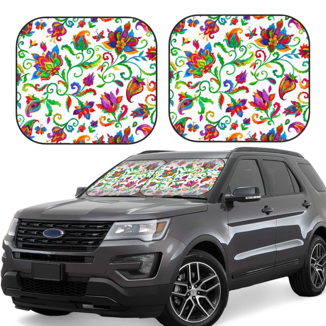 Wukai Paisley Car Front Windshield Sun Shade,Sun Visor Shield Block Automotive Interior Protector Blocks UV Rays-Large