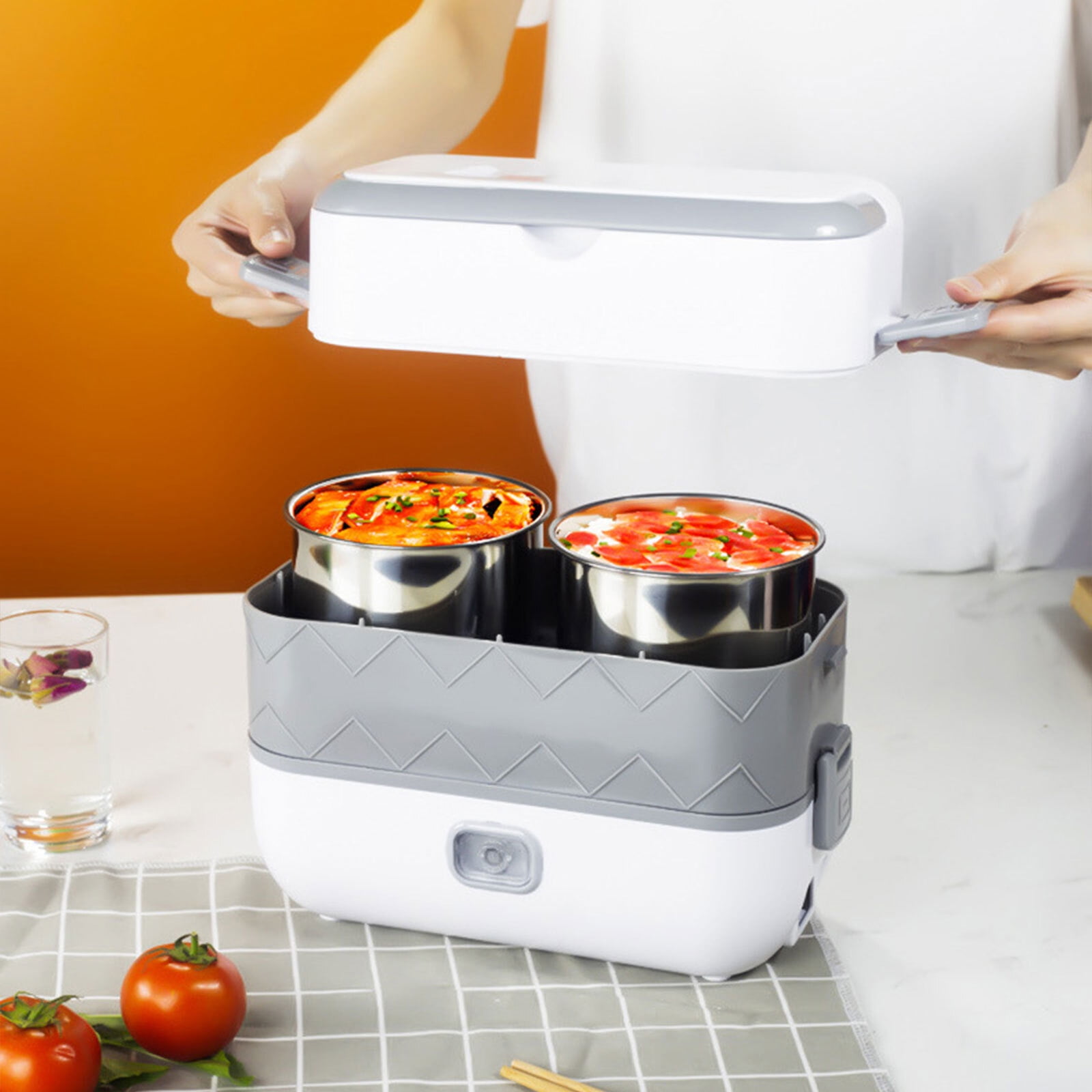 Portable 2 Layer Electric Lunch Box Stainless Steel Steamer Pot Rice Cooker Heat