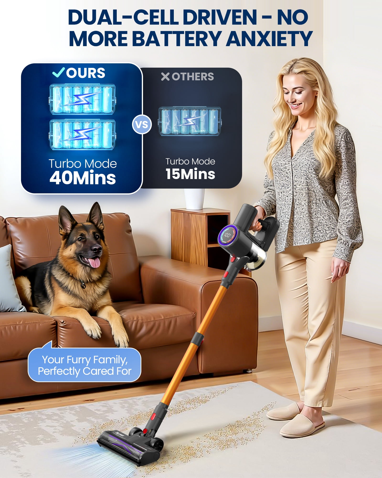Cordless Vacuum Cleaner, 40KPA Stick Vacuum for Home, 40-Min Runtime, LED Display, Lightweight Self-Standing Vacuum for Pet Hair, Carpet, Hard Floor