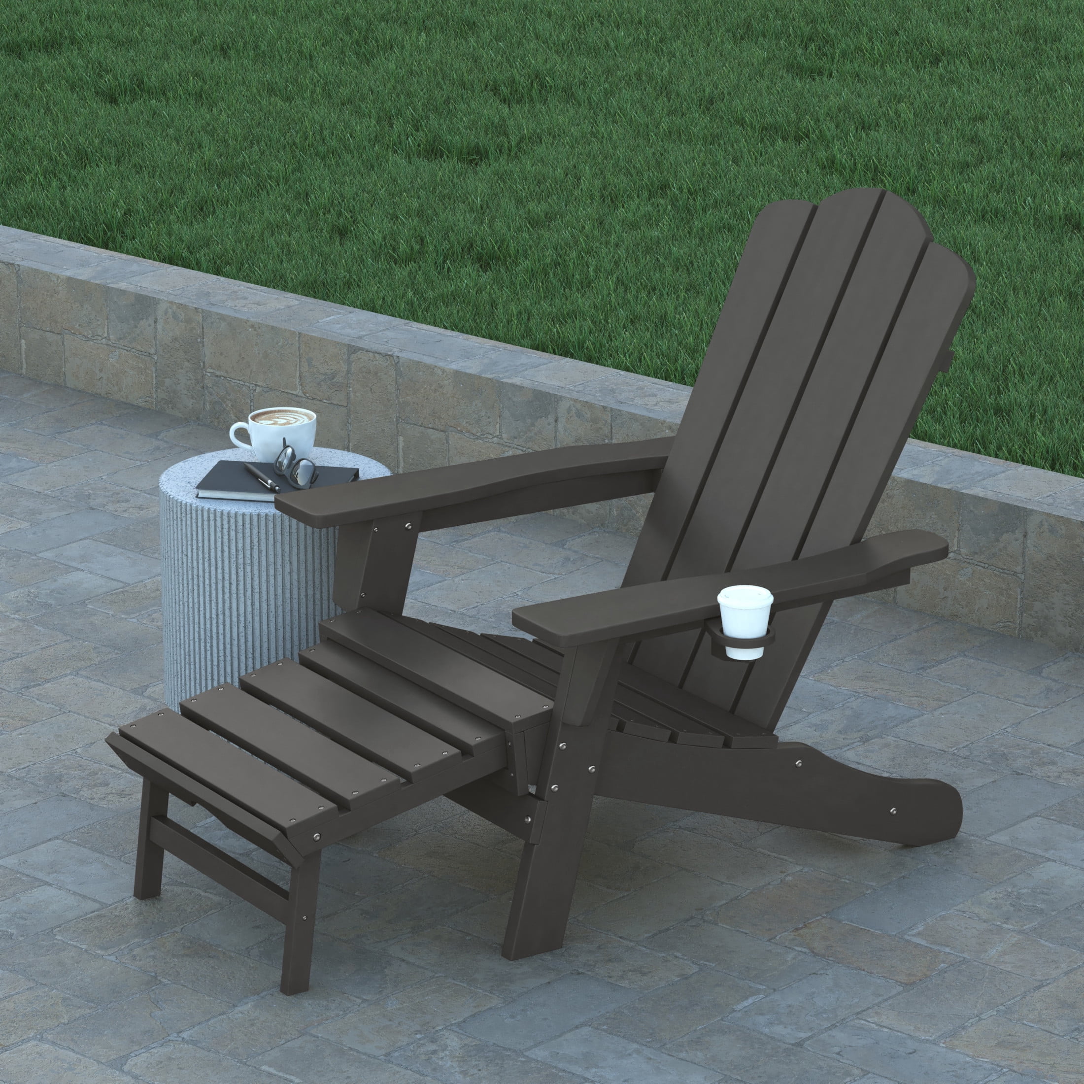 Emma + Oliver Adirondack Chair with Cup Holder and Pull Out Ottoman, All-Weather HDPE Indoor/Outdoor Lounge Chair in Gray