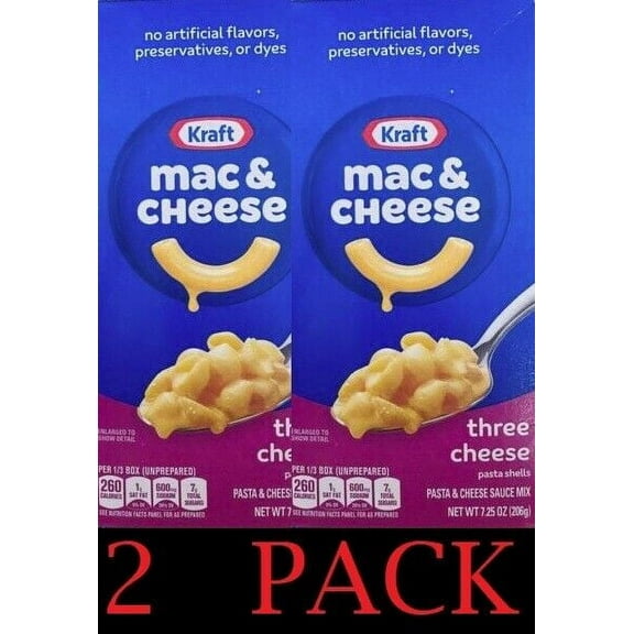 Kraft Original Mac & Cheese THREE CHEESE Pasta Shells Dinner Mix 7.25 Oz 2 PACK