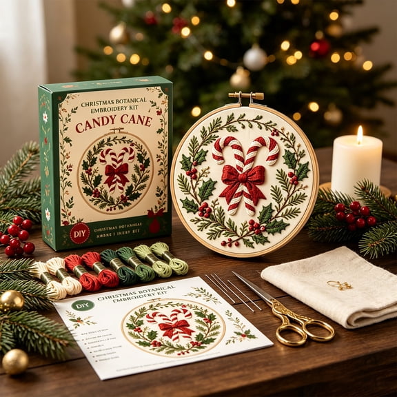 Floleo Christmas Theme Embroidery Kit Candy Cane Style with All Tools, Hand Embroidery Starter Set for Adults Beginners Holiday Home Decor Gift Cross Stitch