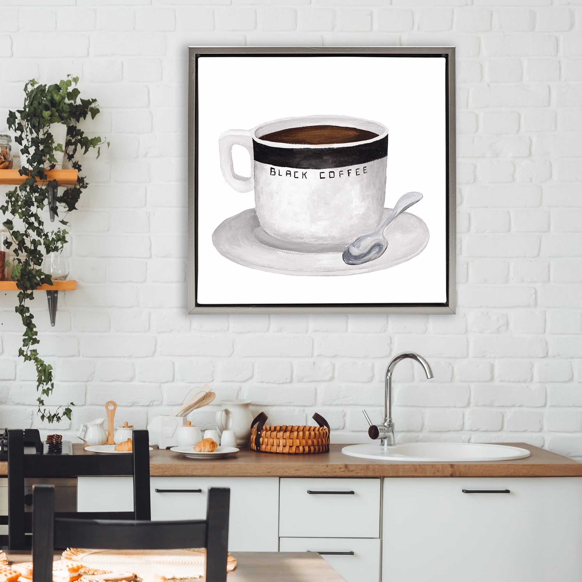 Stupell Industries Black Coffee Mug Gray Framed Floater Canvas Wall Art, design by Elizabeth Medley