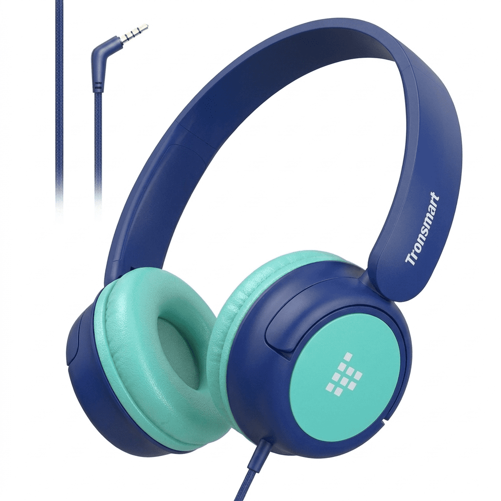Kids Headphones Wired Tronsmart KH01C, for School Travel, Safe Volume Limited, Foldable Lightweight Over-Ear Headphones for PC/Tablet- Blue/Green