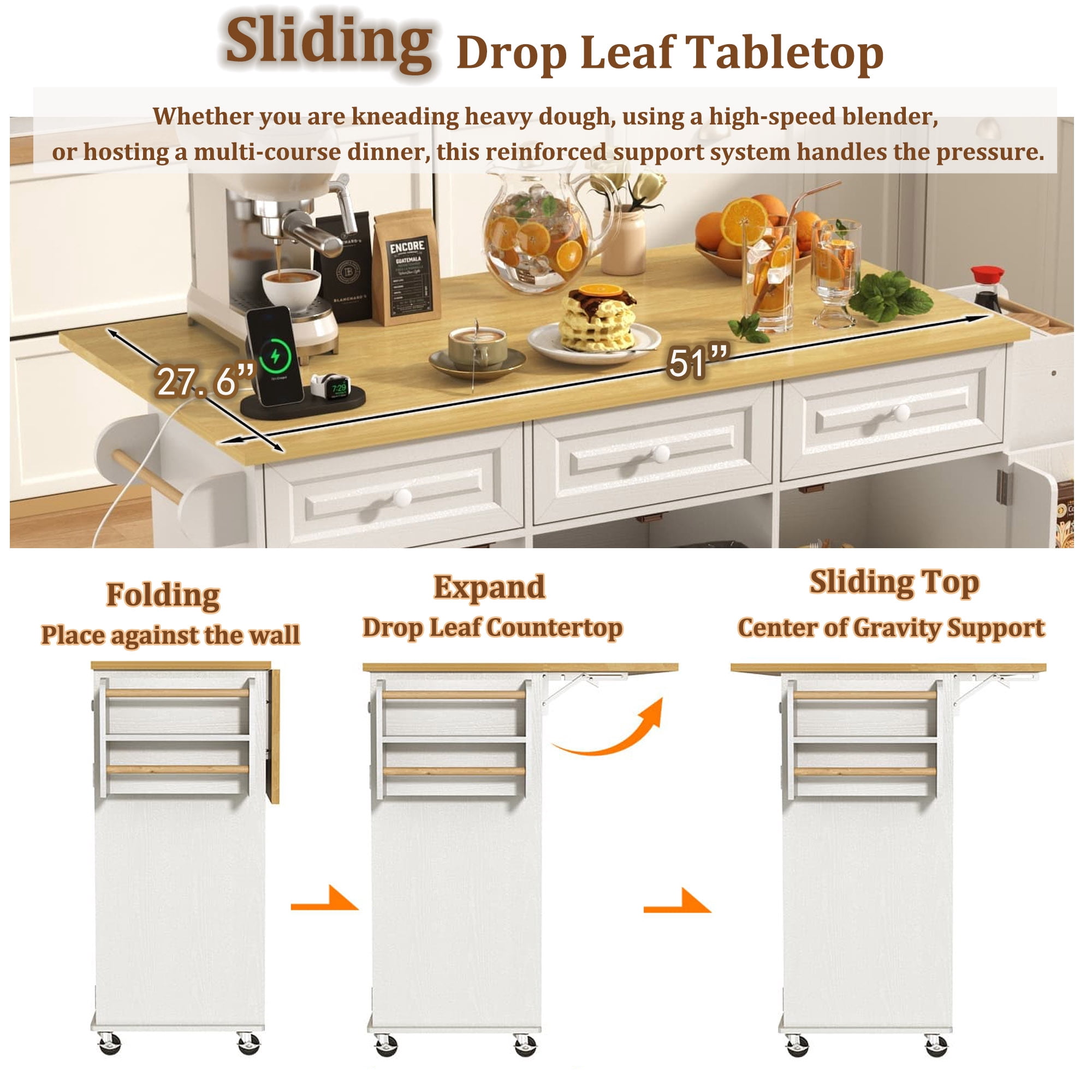 63" Drop-Leaf Kitchen Island Cart with & Sliding Top, Rolling Island Table with Trash Can Storage & Power Outlet, 100lbs Load Capacity
