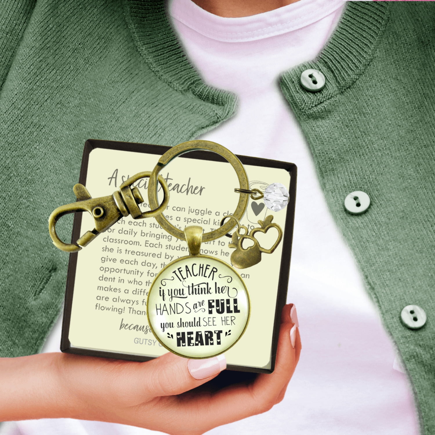 Teacher Gutsy Goodness Bronze Keychain If You Think Her Hands Are Full Heart Jewelry Gift School Quote Apple