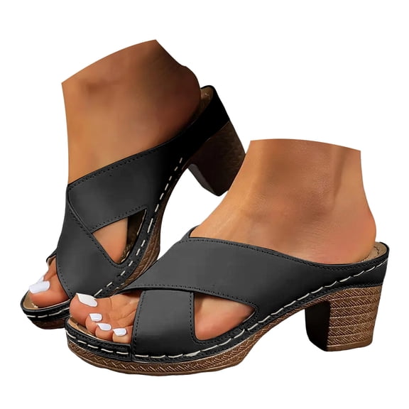 Mepaouo Womens Wedge Sandals Leather Dressy Walking Casual Slip on Summer Shoes Chunky Heel Slides