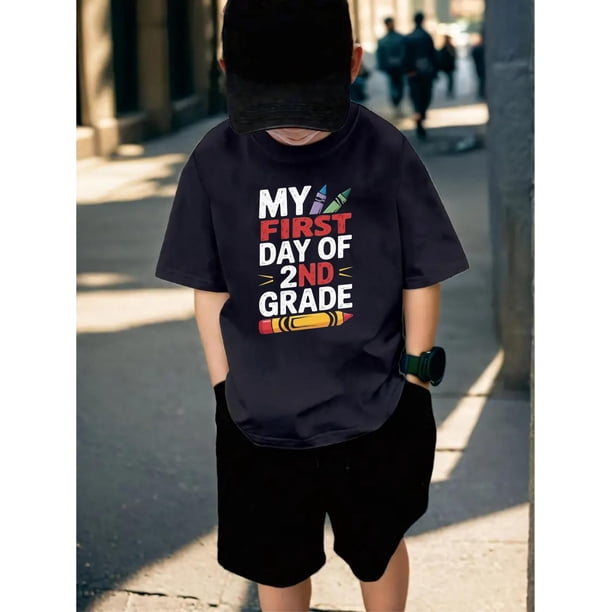 Boys' "First of Second Grade" Printed Black T-shirt, A Must for Returning To School