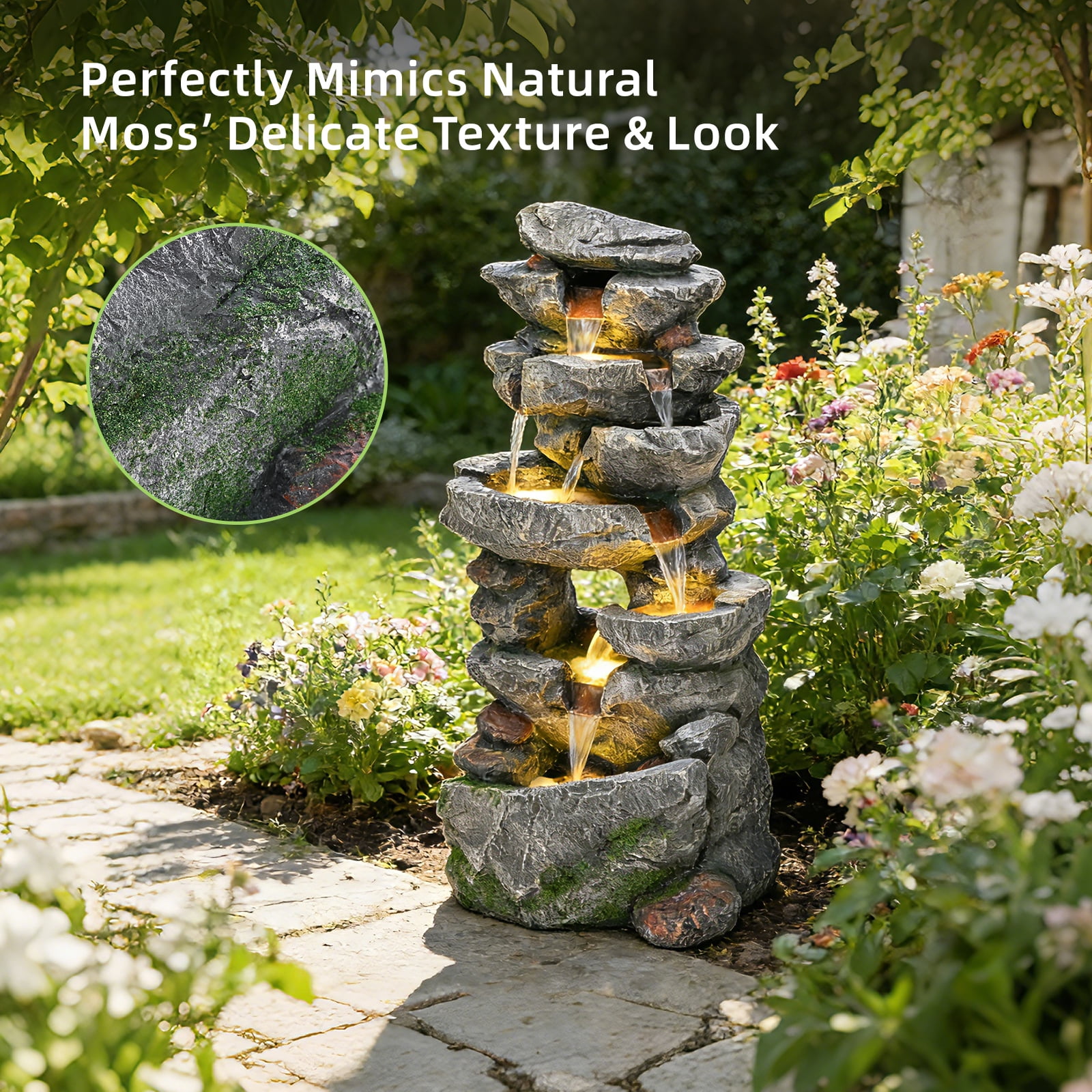 39" 7-Tier Cascading Rock Fountain - With LED Lights & Pump, Outdoor Garden Decor, Self-Contained Recirculating & Weather-Resistant