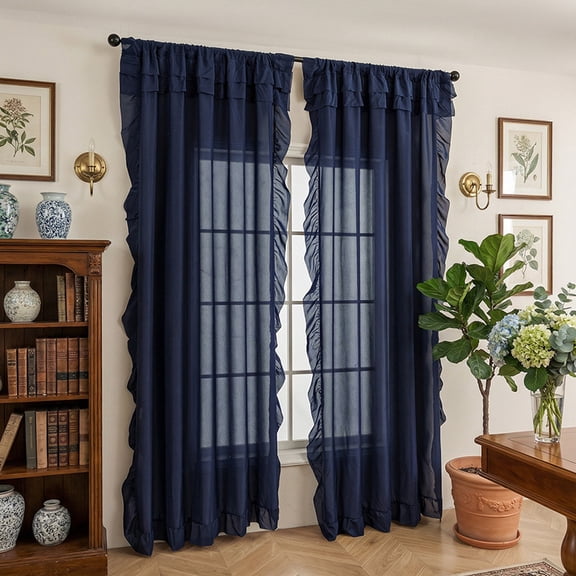XmhyTop-A 2-Pack Sheer Ruffle Window Curtain Panels, 100x200cm Farmhouse Cottage Curtains, Flowy Ruffled Bedroom Curtains, Semi-Sheer Panels,Dark Blue