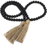 CVHOMEDECO. Wood Beads Garland with Tassels Farmhouse Rustic Wooden Prayer Bead String Wall Hanging Accent for Home Festival Decor. Black