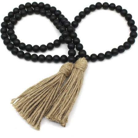 CVHOMEDECO. Wood Beads Garland with Tassels Farmhouse Rustic Wooden Prayer Bead String Wall Hanging Accent for Home Festival Decor. Black
