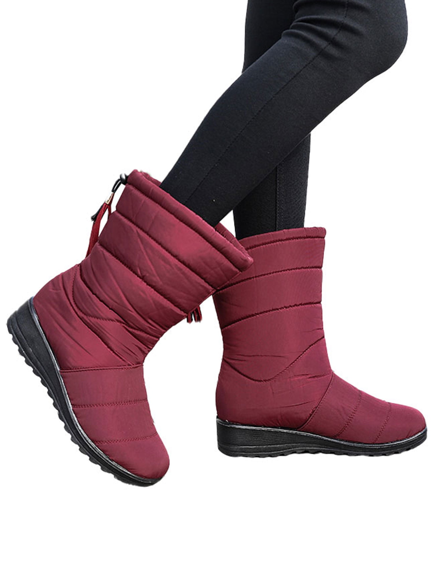 Womens Winter Warm Snow Mid Calf Boots Rabbit Fur Side Zipper Casual Snow Shoes 