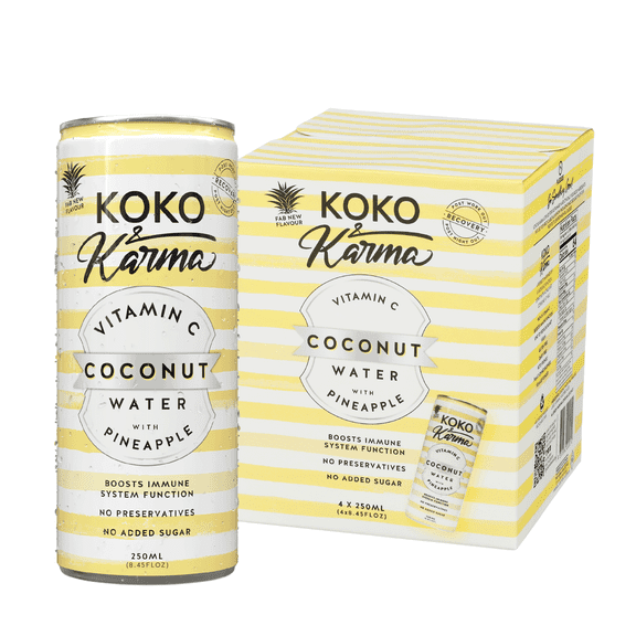 Koko & Karma Pineapple Coconut Water, Vitamin C, No Added Sugar, 4-Pack Cans (8.45 fl oz Each)