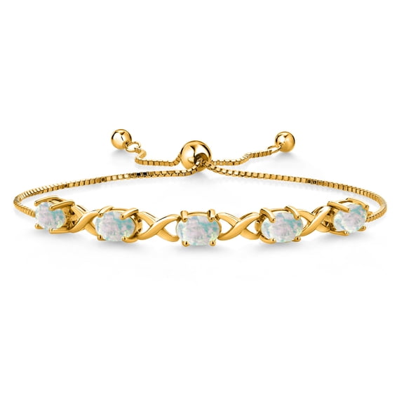 Gem Stone King 18K Yellow Gold Plated Silver Simulated White Opal Bracelet for Women (5.00 Cttw, Gemstone October Birthstone, Oval Cabochon 7X5MM, Fully Adjustable up to 9 inches)
