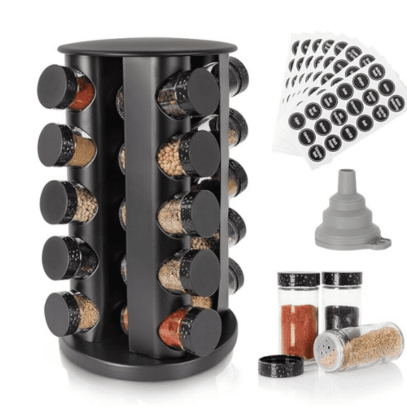 Black Countertop Rotating Spice Rack, Empty 20-Jars Revolving Spice Rack Organizer, Round Carousel Spice Rack Tower, 135 Spice Labels with Funnel Complete Set, for Kitchen Countertop, Cabinet