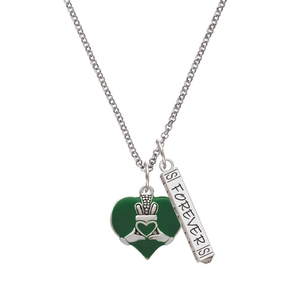 Delight Jewelry Silvertone Large 2-D Claddagh on Green Heart Silvertone Forever Bar Charm Necklace, 23"