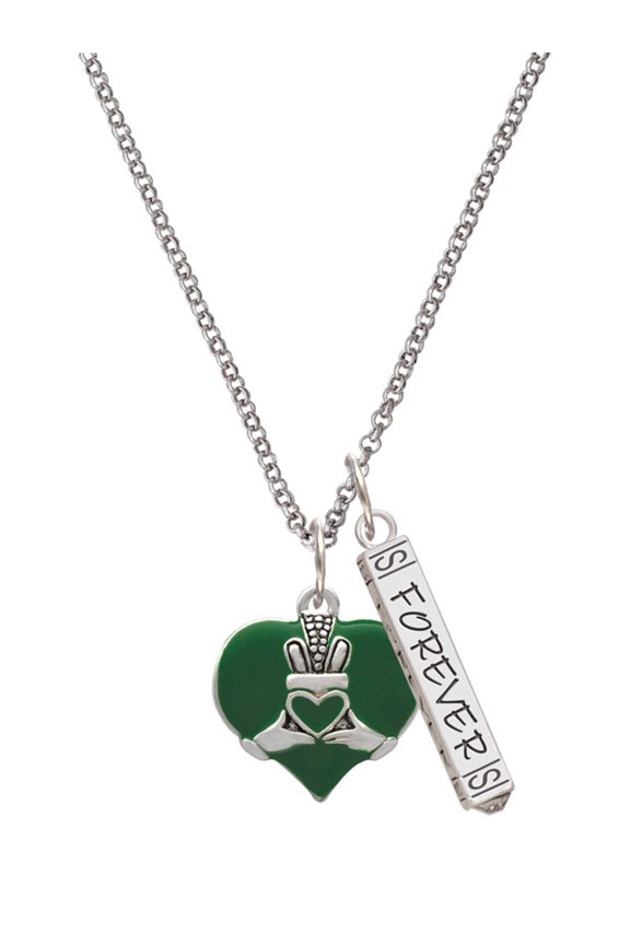 Silvertone Large 2-D Claddagh on Green Heart Silvertone Forever Bar Charm Necklace, 23"
