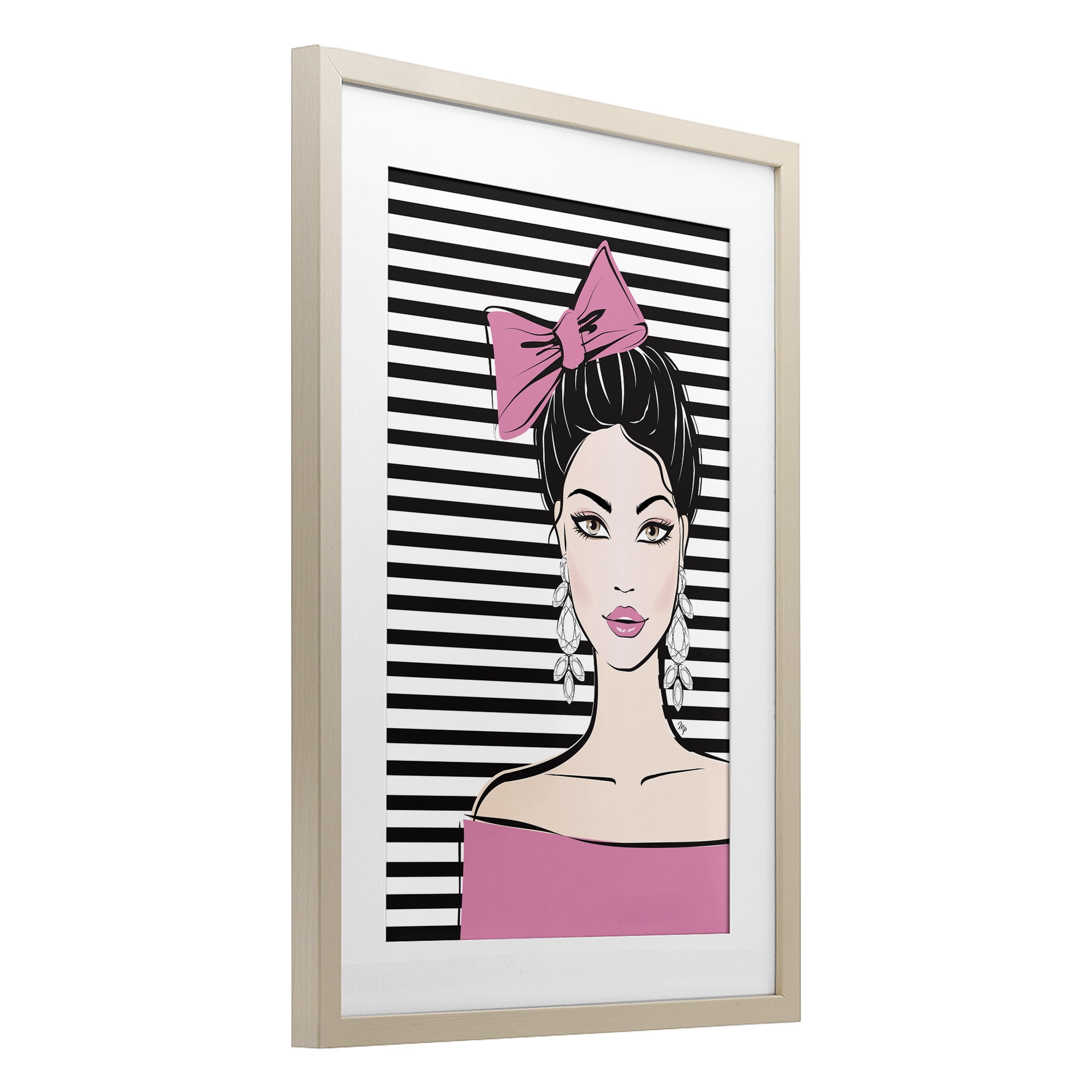Stupell Industries Girl with Pink Bow & Earrings Birch Framed Print Under Glass, design by Martina Pavlova
