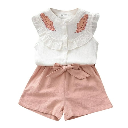 Big Girls Outfit Sets Kids Casual Ruffle Embroidery Princess Sleeveless Shirt Tops Shorts 2Pcs Summer Girls  Clothing Sets Cute Shorts Set Pink 6-7 Years