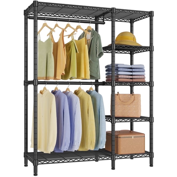 VIPEK V7 Heavy Duty Garment Rack with Shelves, 5-Tier Freestanding Clothing Rack, 670LB Capacity Wardrobe System, Portable Metal Closet Organizer, Black