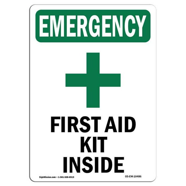 SignMission OS-EM-A-1218-V-10486 12 x 18 in. OSHA Emergency Sign - First Aid Kit Inside with Symbol