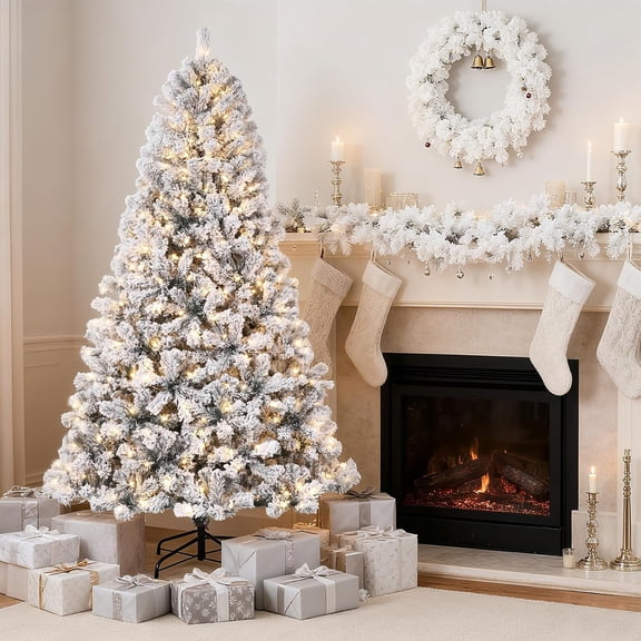 Pre-Lit Snow Flocked Artificial Christmas Tree - Warm White Lights, Quick Assembly with Stand, Indoor Outdoor Holiday Decor