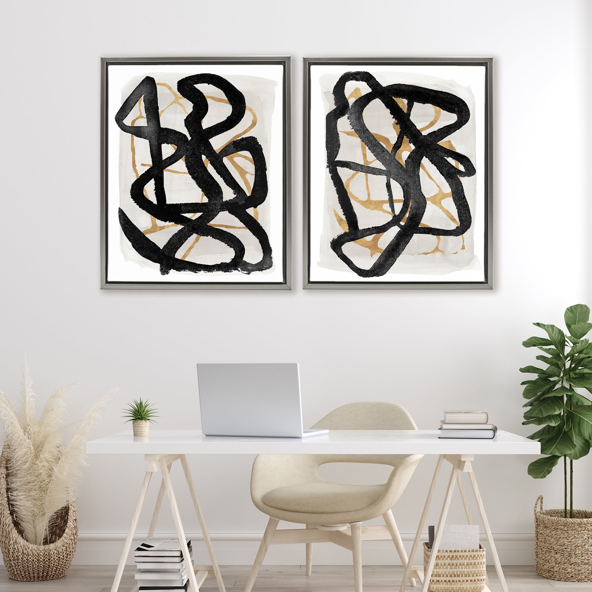 Stupell Industries Contemporary Hindsight Squiggles 2 Piece Gray Framed Floater Canvas Set, design by Lucille Price