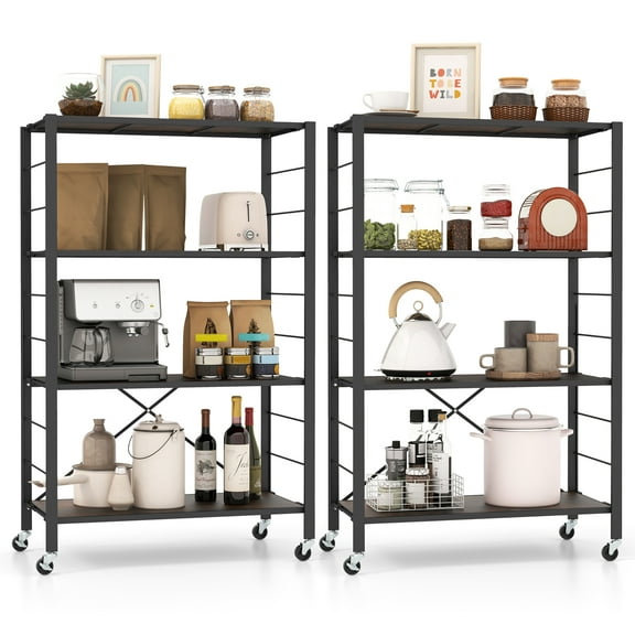 Gymax 2 PCS 4-tier Foldable Storage Shelf w/ Lockable Wheels Home Shelving Unit for Tool Room