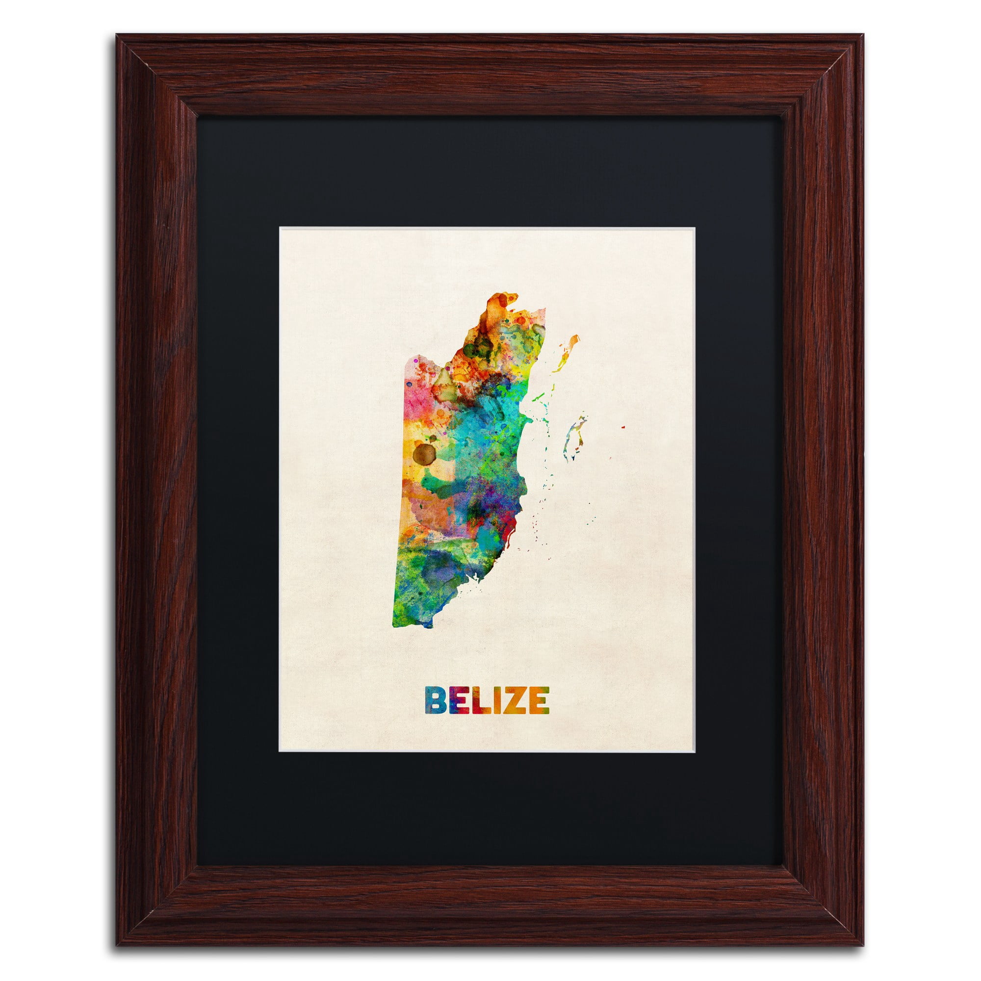 Trademark Fine Art ''Belize Watercolor Map'' by Michael Tompsett 16" x 20" Black Matted Wood Frame