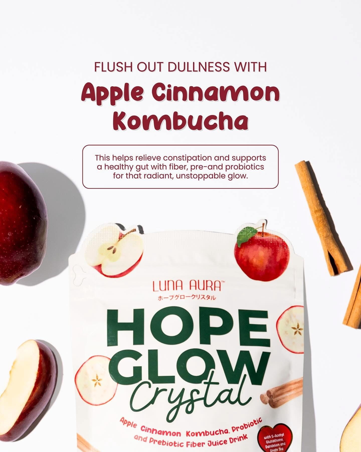 HOPE GLOW Crystal Apple Cinnamon Kombucha - Probiotic & Prebiotic Fiber Juice Drink (18g x 10 Sachets) with S-Acetyl Glutathione for Radiant Skin & Healthy Gut Support