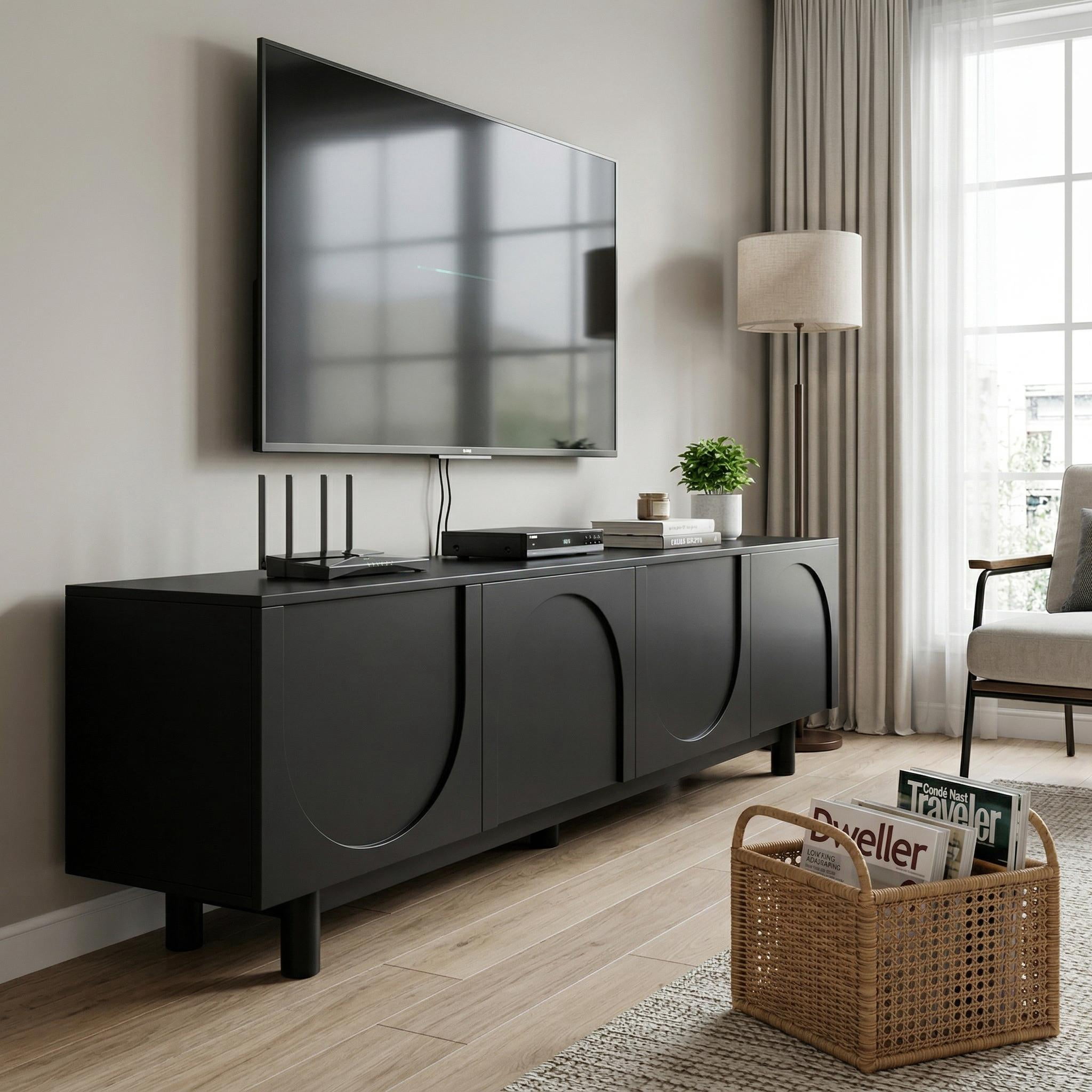 Homy Casa TV Stand for TVs up to 75", Black Entertainment Center with Storage Cabinets