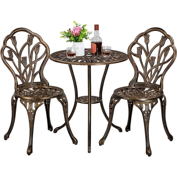 Yaheetech 3 Piece Aluminium Patio Bistro Table and Chairs Set Outdoor Furniture Bistro Set, Bronze