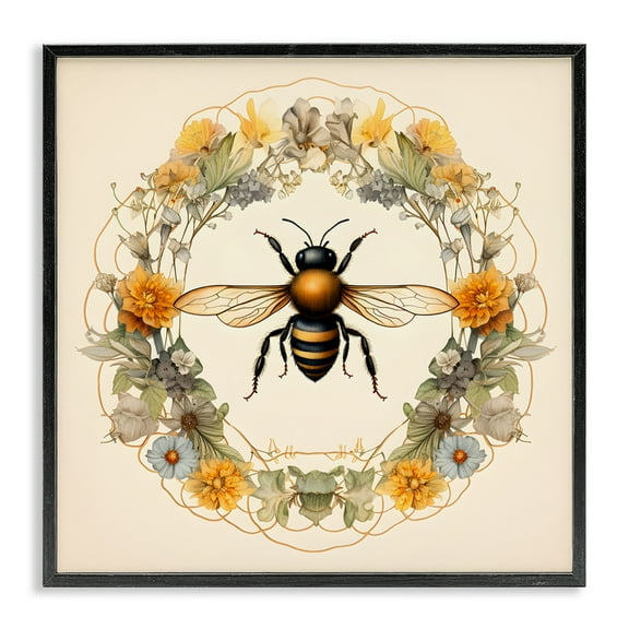 Stupell Industries Cottage Bee Wreath Animals & Insects Painting Black Framed Art Print Wall Art, 12 x 12