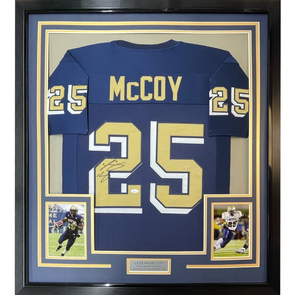 Framed Autographed/Signed LeSean McCoy 35x39 Pittsburgh Blue College Football Jersey JSA COA