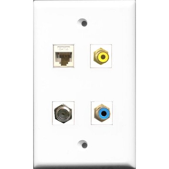 RiteAV 1 Port RCA Yellow and 1 Port RCA Blue and 1 Port Coax Cable TV- F-Type and 1 Port Cat6 Ethernet White Wall Plate