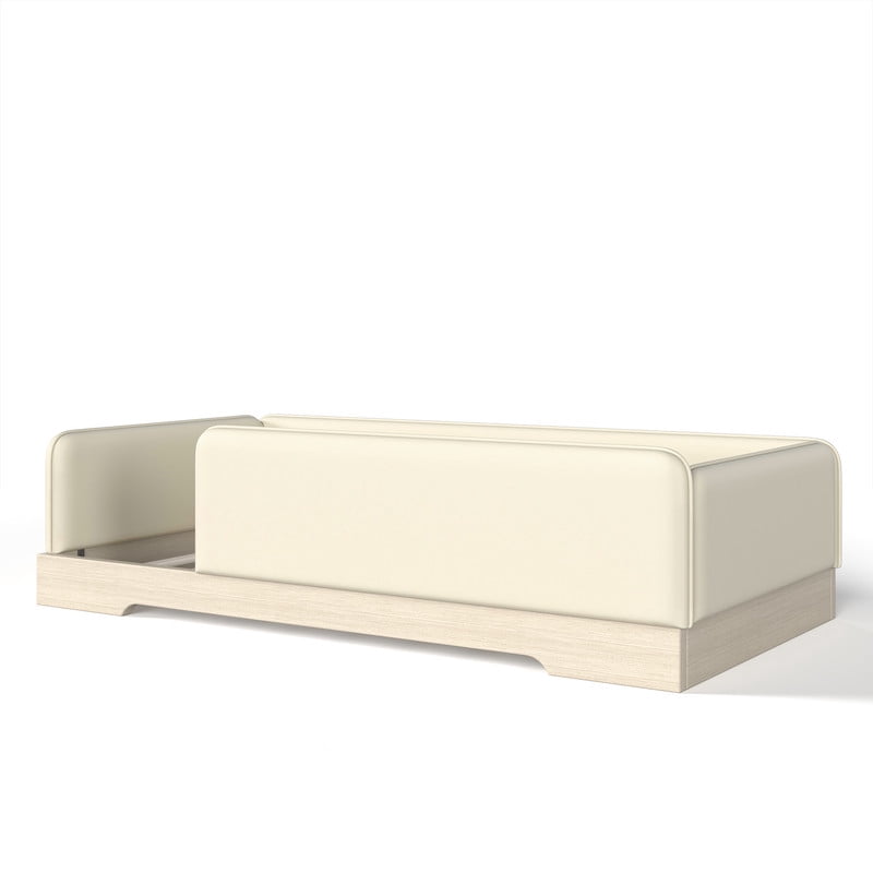 Twin Size Faux Leather Upholstered Floor Bed, Kids Montessori Bed Frame with Removable Guardrail, Low Profile Platform Bed