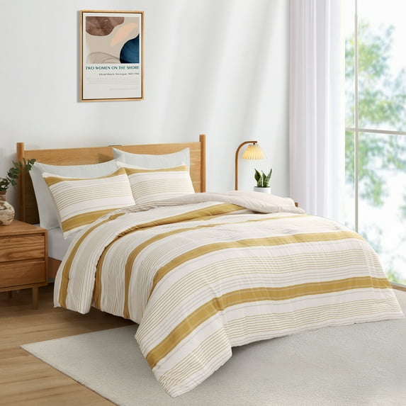 Peace Nest Year-Round Printed Striped Microfiber Comforter Set, Yellow, King