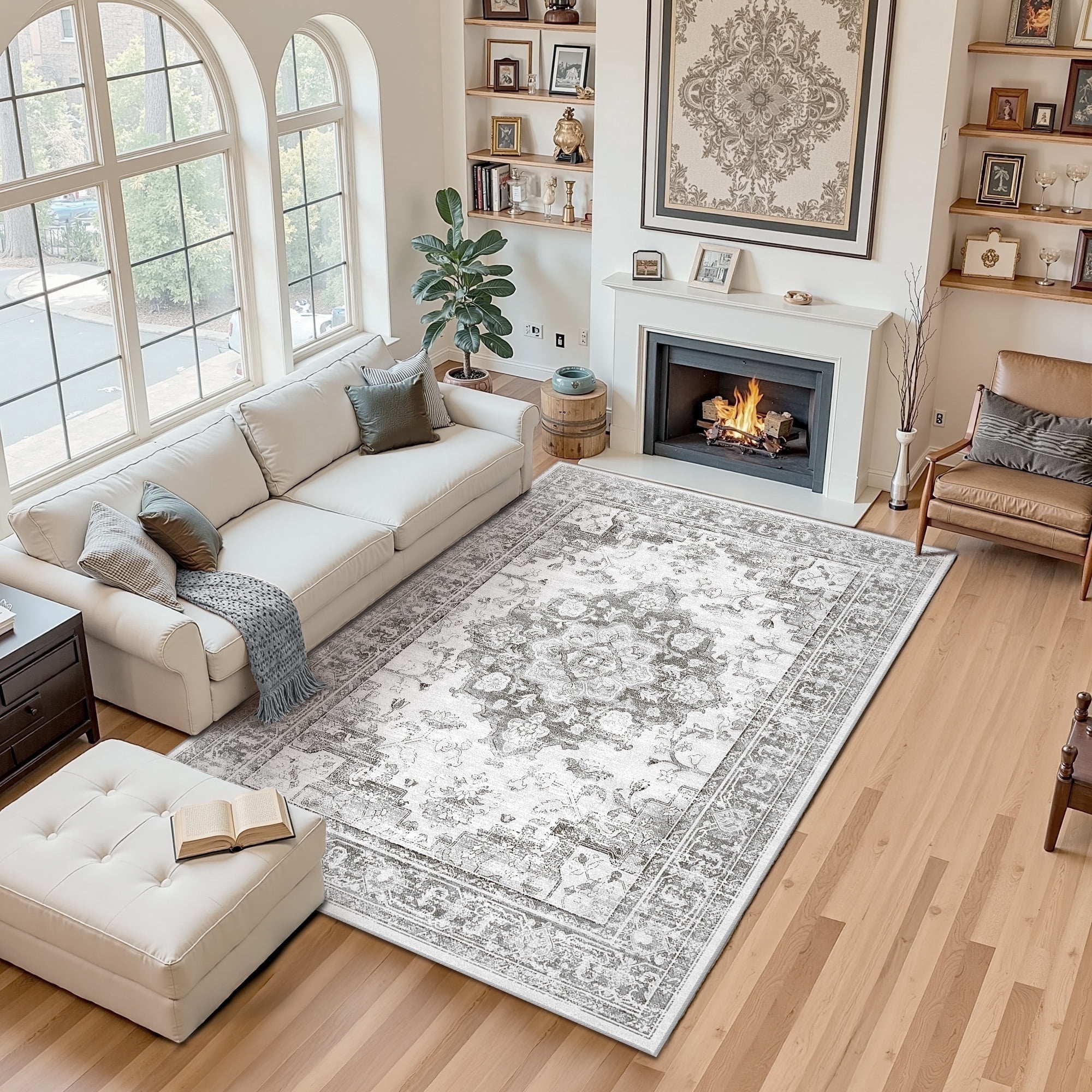 NewBuros 5'x7' Area Rugs, Machine Washable Non Slip Rugs for Living Room, Low Pile Water Repellent Soft Vintage Print Pattern Bedroom Carpet, Black & Gray