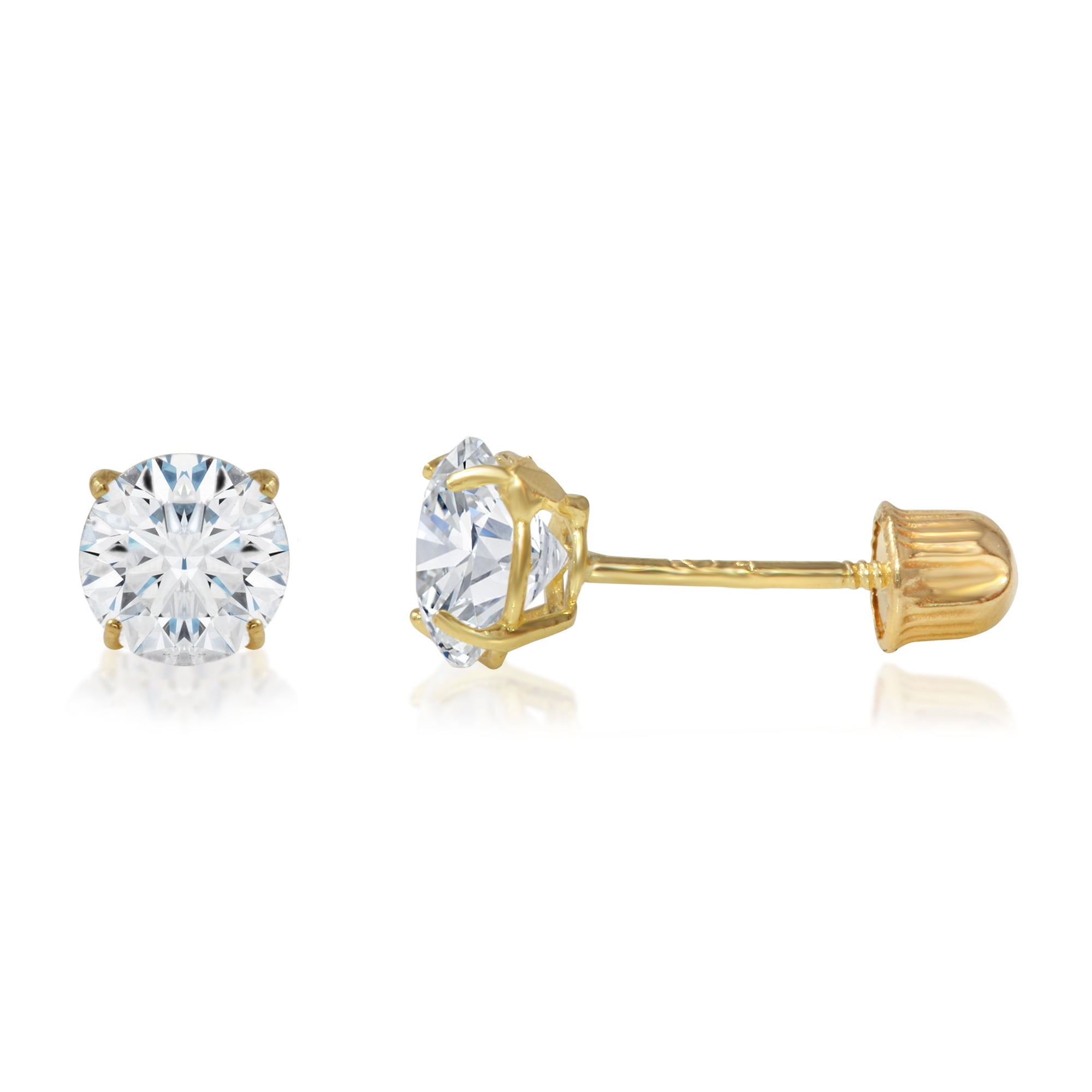 14K Yellow Gold CZ Cubic Zirconia Cat Stud Earrings With Screw Back 
