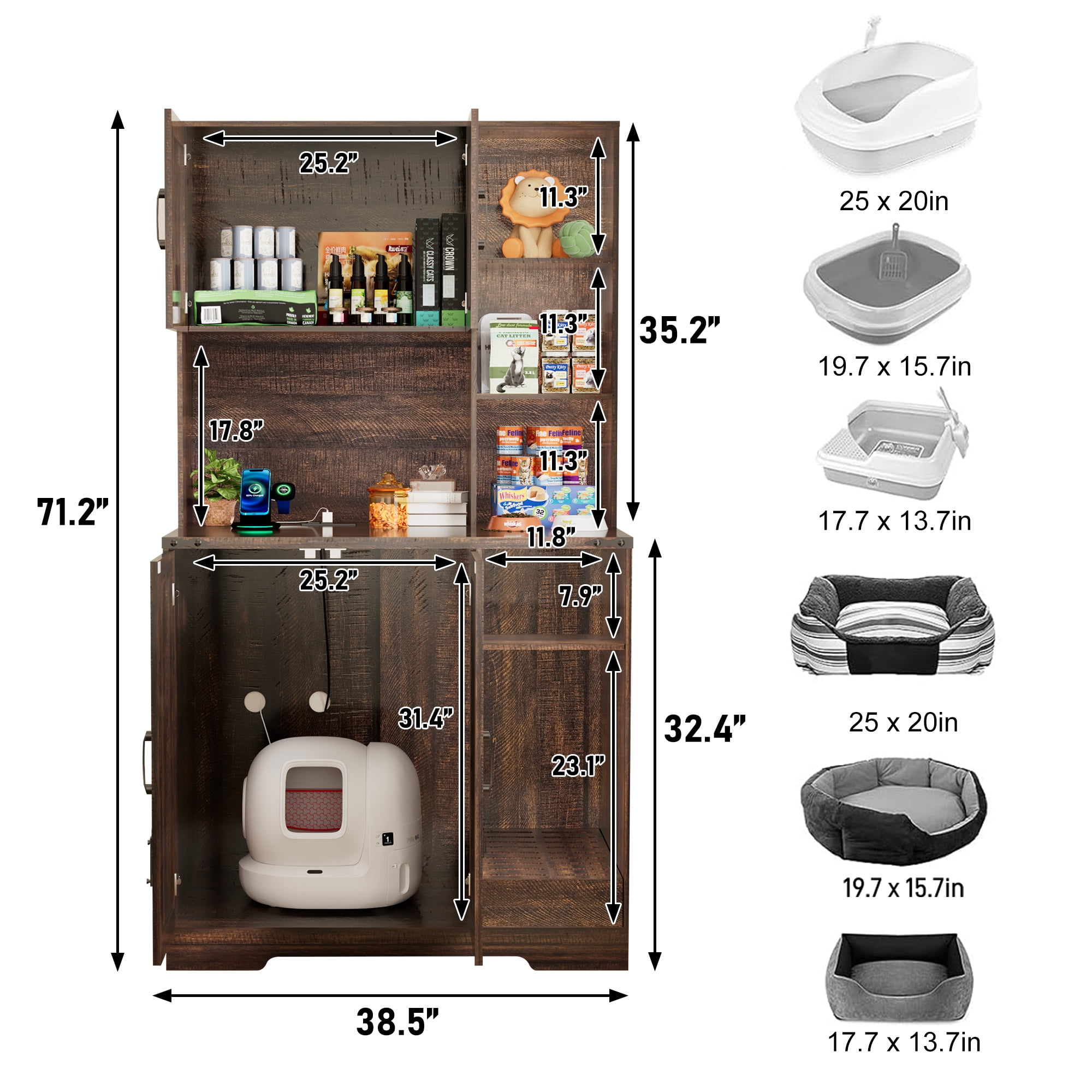 Blotout 71" Tall Farmhouse Cat Litter Box Enclosure W/Open Shelves & Doors, Wooden Cat Litter Box Furniture for Self-Cleaning Litter Boxes, Large Hidden Litter Box Furniture W/ Power Outlets, Locks