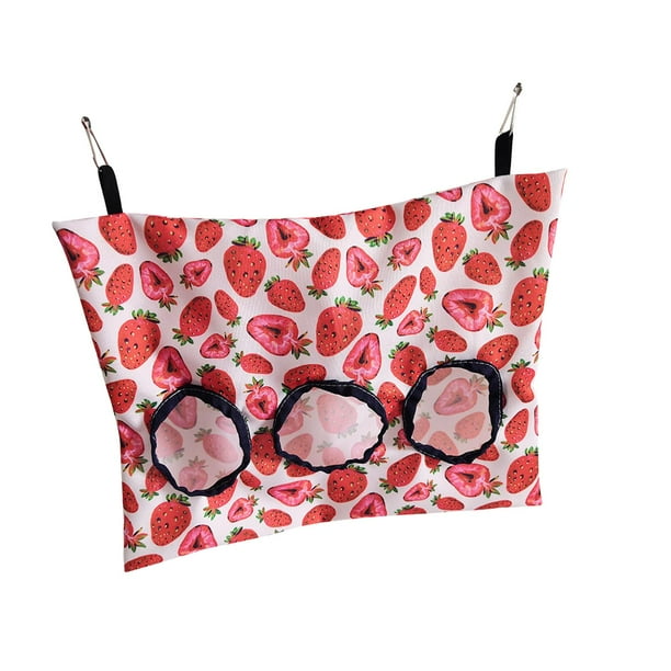 Alimentador de conejos, bolsas de colgantes, superficie impermeable, ligera, fácil de limpiar con 2 hebillas de Metal, práctico saco de tela Fresa Talla L Gloria Comedero de heno para conejos
