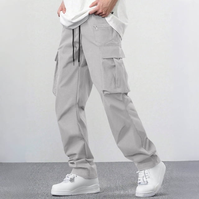 Ceisia Men's Solid Color Loose Cargo Pants with Multi Pockets & Drawstring Waist Gray L Gifts