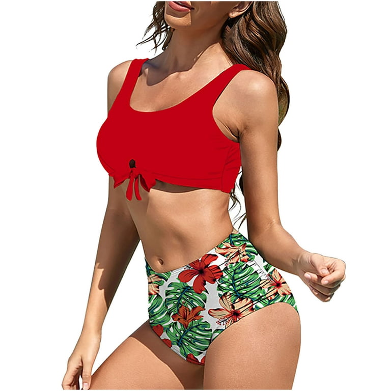 Finelylove Modest Swimsuits For Women Padded Sport Bra Style Bikini Red XXL