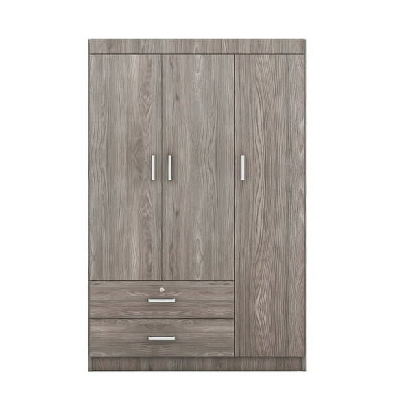 3-Door Wardrobe with 2 Drawers, Wood Grain Effect in Gray Contemporary Door Type: Hinged,Wardrobes Features: Lockable,