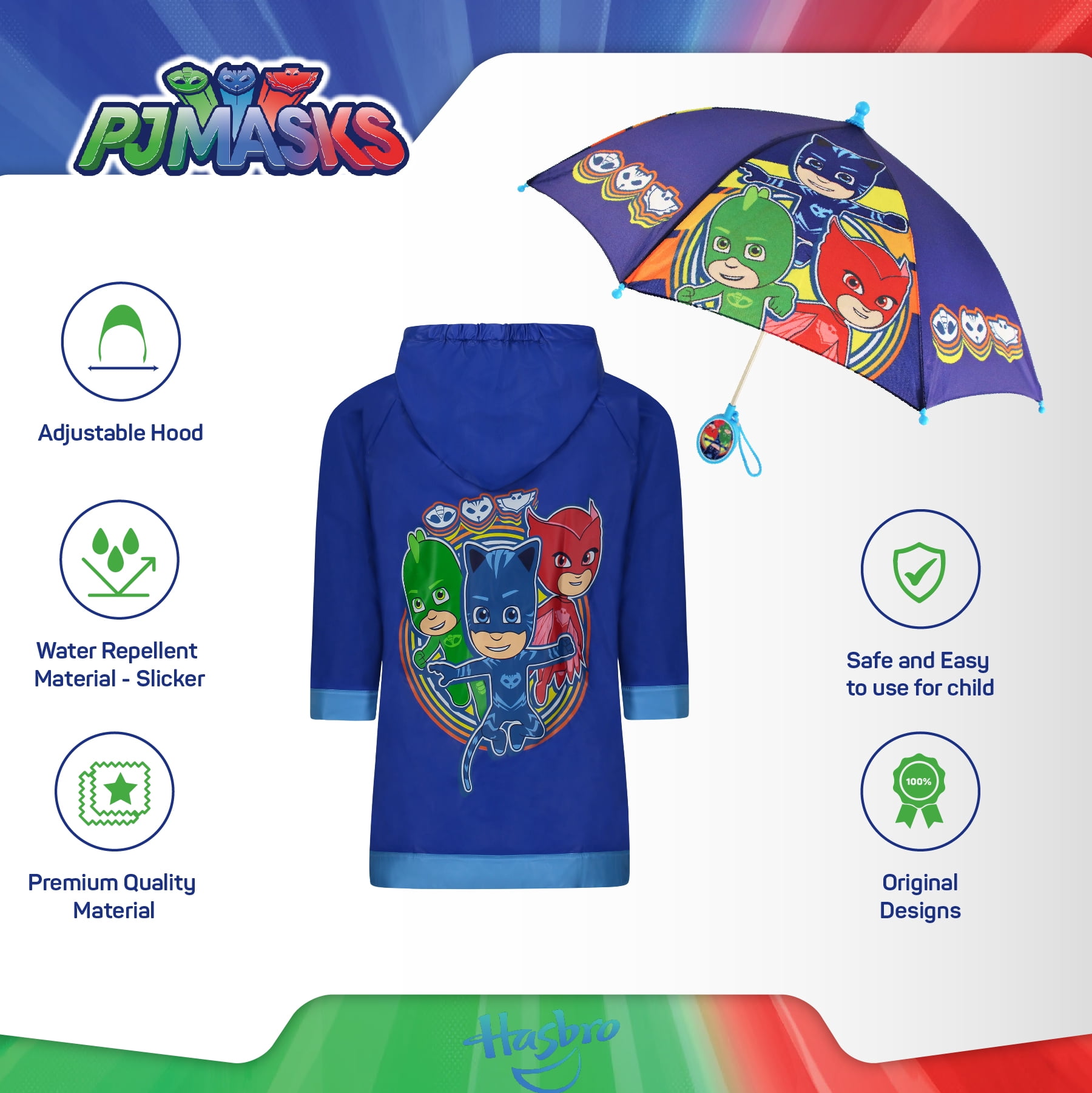 Hasbro PJ Masks Kids Umbrella with Matching Rain Poncho for Boys Ages 2-7