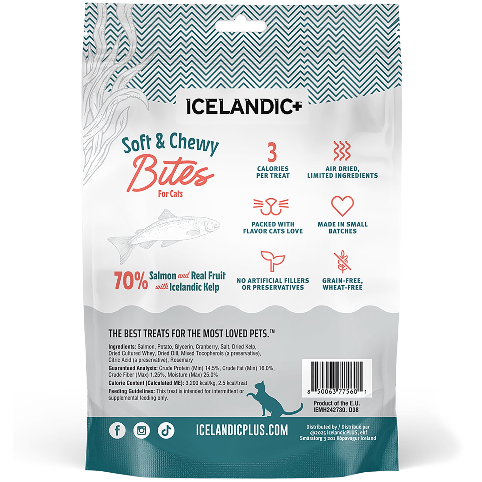 Icelandic+ Soft & Chewy Bites - Salmon, Cranberry & Kelp - 1.8oz Cat Treats, 70% Meat & Fruit, Air-Dried, Limited Ingredients, Pet Snack, Grain Free