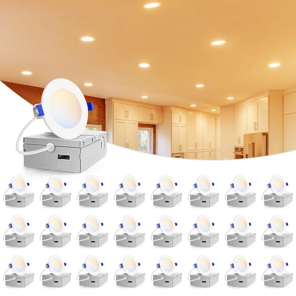 VOLISUN 24 Pack 3 inch Recessed Lighting, 5CCT LED Recessed Light with Junction Box, 2700K-5000K Selectable, Dimmable Canless Wafer Downlight, LED Ce