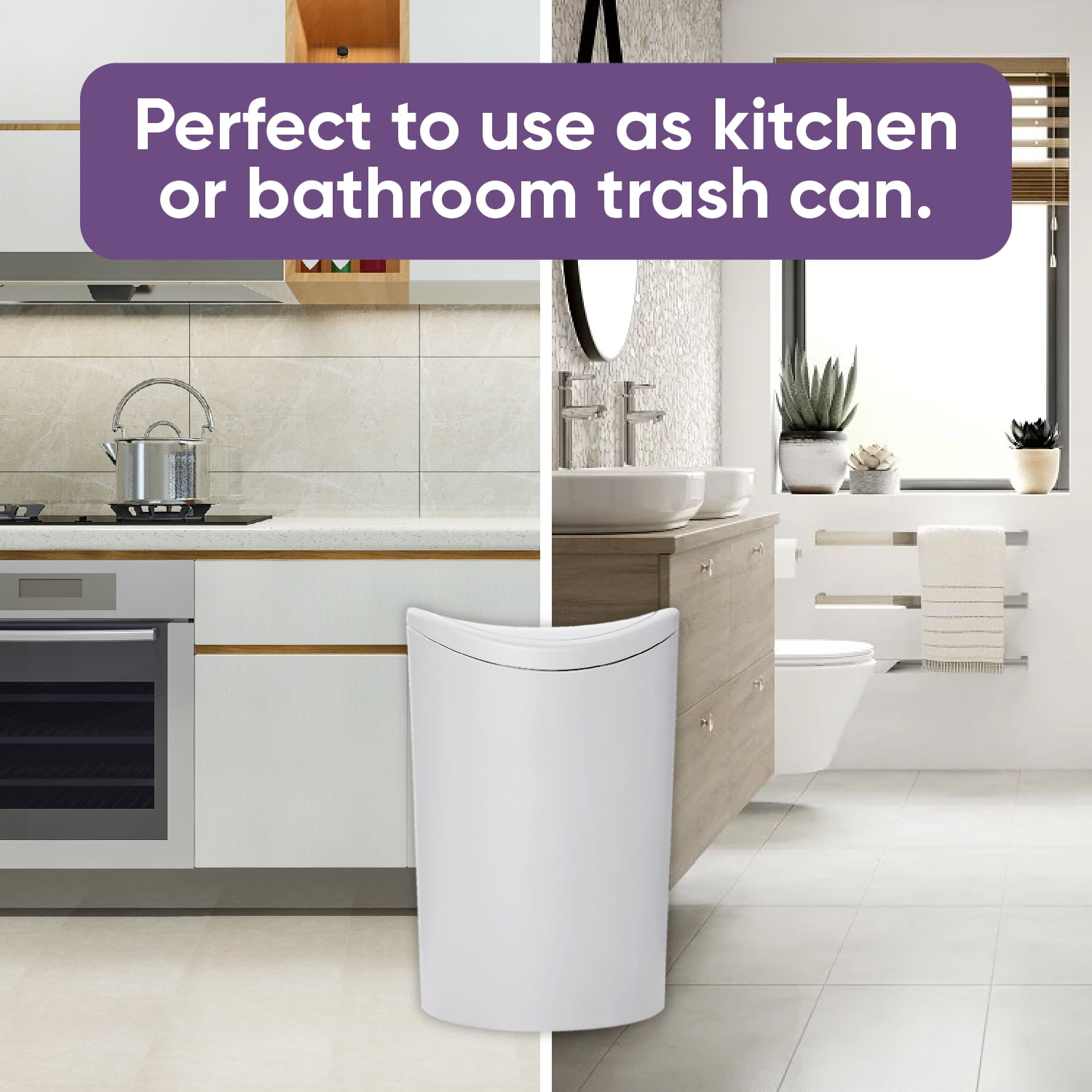 Superio Small Bathroom Trash Can with Lid, Modern White Mini Waste Bin with Swing Lid (1 1/2 Gallon, 6 Liter) Plastic Garbage Can for Kitchen, Bathroom, Bedroom, Office, Under Desk, 2 pack